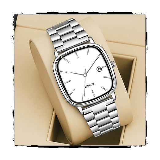 Image of Acnos Luxury Square Dial Quartz Watch for Men & Women - Stainless Steel Bracelet, Minimalist Analog Wristwatch with Date Window Pack of 1