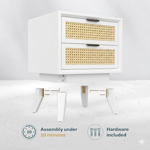 Image of Wooden Bedside Table for Bedroom | HDMR Nightstand with 2 Jaali Drawers | Storage Side Table with HDMR Premium Wood Legs for Living Room Hotels | Compact Lamp table Home Dcor Furniture | White