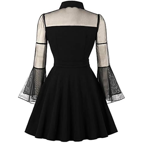 Women's Keyhole Mesh Bell Long Sleeve Knee Swing Cocktail Dress Scalloped Trim Shirt Collar See Through Lace Dress Party Club Fancy Dresses 40s Vintage Dress Black Cover