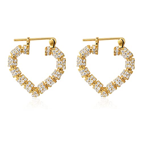 Heart Hoop Earrings Hypoallergenic 14K Gold Plated Bamboo Cubic Zirconia Huggie Hoop Earrings for Women
