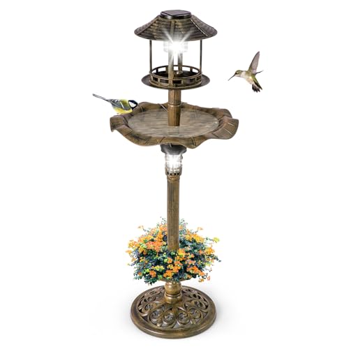 COSTWAY Bird Feeder and Bath 4 in 1 Outdoor Birds Table with Solar Lights Flower Planter Base Fillable Stand Vintage Birds Feeding Station for Garden Yard Decoration (Antique Bronze)