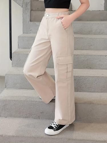 Image of ADBUCKS Stretchable High Rise Cargo Style Wide Leg Jeans for Girls II Girls Jeans