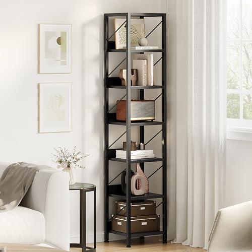 GarveeHome 6 Tier Narrow Bookcase Tall Skinny Bookshelf Rustic Corner Shelf Small Bookshelves Industrial Bookcase for Bedroom, Living Room, Home Office