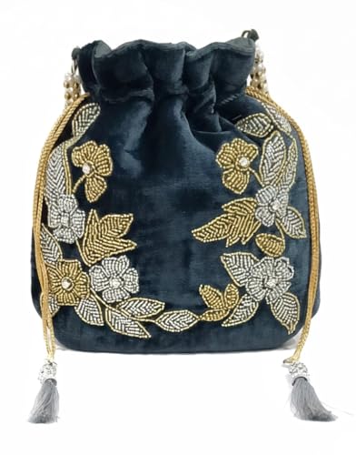 Image of Velvet Potli Bag with Golden & Silver Beaded Flower Embroidery - Handcrafted Ethnic Drawstring Bag for Weddings, Parties & Festive Gifts - Beaded Handle & Tassels for Women