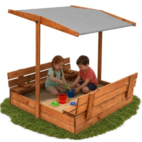 SPRINGOS Sandkasten Holz 120x120 cm mit Dach, Kindersandkasten Braun-Grau