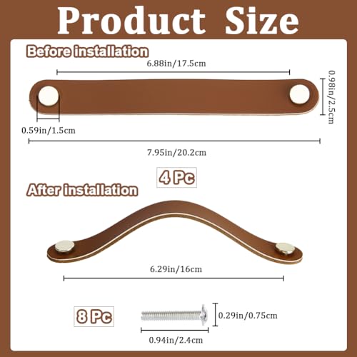 GORGECRAFT 4 Pack 20.2cm Genuine Leather Cabinet Handles Handmade Soft Leather Hardware Dresser Decorative Handle Drawer Pulls Kitchen Wardrobe Door Knobs with Screw for Furniture Cupboards (Brown) - Image 3