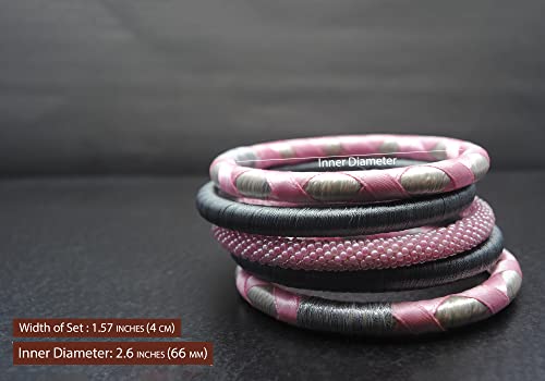 Pure Hands Encomium Beauty - Super Value Set Of 5 Handmade Powder-Pink & Steel Grey Bangles-For-Girls Handcrafted With Japanese Seed-Beads Flanked By Silk Bangles For Women #TOP3