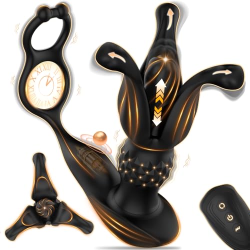 Gikk Male Anal Vibrator Butt Plug with Thrusting Dildo Core & 9 Petal-Stretching Modes Sex Toy for Men with Dual Cock Rings Prostate Massager & Anal Expander for Gay Adult Pleasure Play