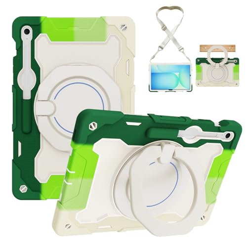 Coque Samsung Galaxy Tab S10 FE Plus avec porte-stylo et support rotatif 360° vert blanc
