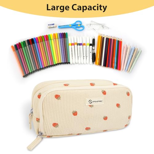 Image of FINPAC Pencil Case, Corduroy Triangle Makeup Bag, Kawaii Pen Bag Pouch Holder Box Organize for Study, Office, or Travel, Strawberry 2