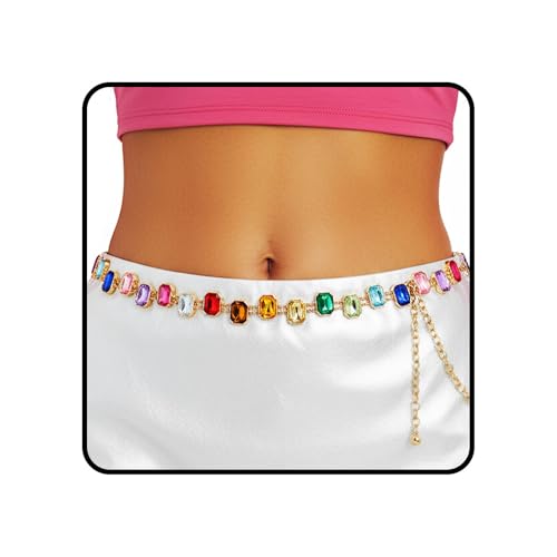 ELABEST Colorful Rhinestone Chain Belt Rainbow Gem...