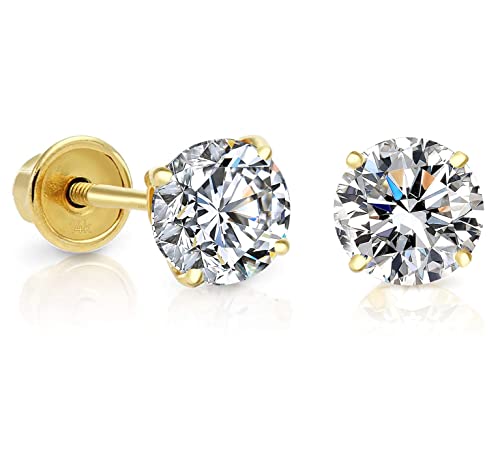 14K Yellow Gold Small Cubic Zirconia Solitaire Cz Stud Earrings With Screw Backs (3Mm) #TOP4