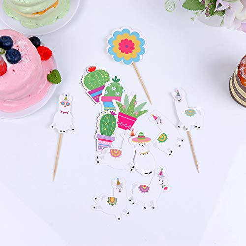 24 peças de topos de bolo de papel com tema de alpaca design de cacto, palitos de cupcake, festa de