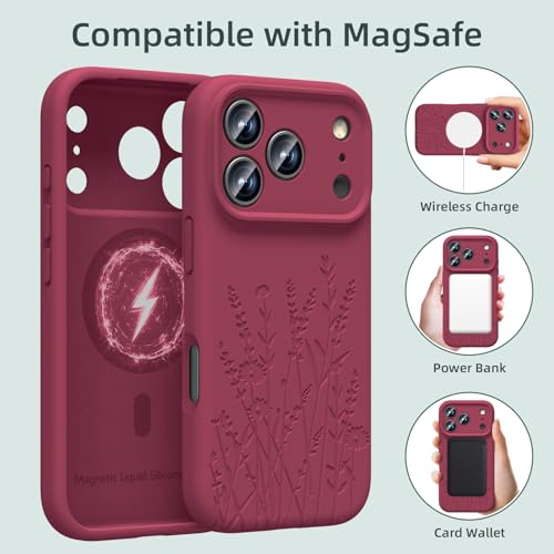 OAOA Magnetic Engraved Case Compatible with iPhone 17 Pro Case, Compatible with Magsafe, Camera All-Round Protection, Slim Liquid Silicone Phone Case for Women Girls, Wine Red Flower by OAOA - Image 2