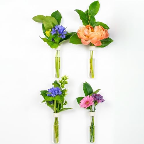 TWILG - Tubes à essai pour fleurs avec cuir blanc et aimant mural - Lot de 4 - Vase à fleurs, vase magnétique, tubes à essai avec support, vase mural en...