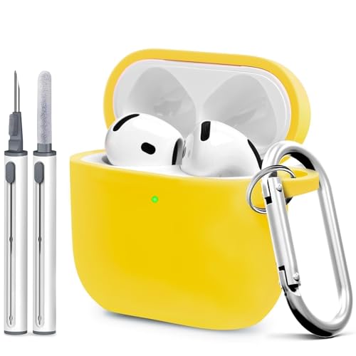 Woyinger for Airpods 4th Case Cover, Come with Cleaner Kit,Soft Skin Silicone Case Cover with Keychain, Full Protective Case for Men and Women, Compatible with AirPods 4th Generation Case,Yellow