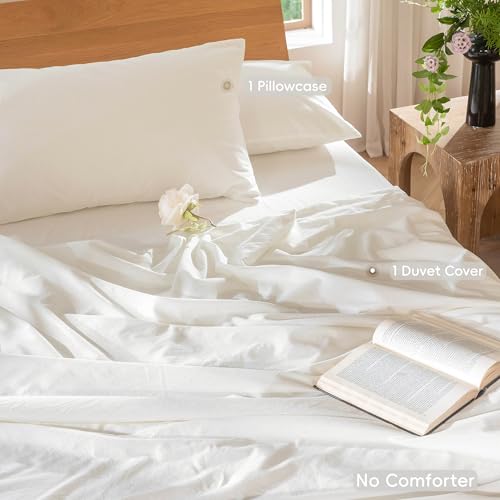 Image of MooMee Bedding Duvet Cover Set 100% Washed Cotton Linen Like Textured Breathable Durable Soft Comfy (Solid Off White, King 104 inchx90 inch) | Relaxed Linen-like Texture. Soft, Breathable & Long-lasting Comfort. Lightweight. Hidden Zipper with 8 Interior Corner Ties