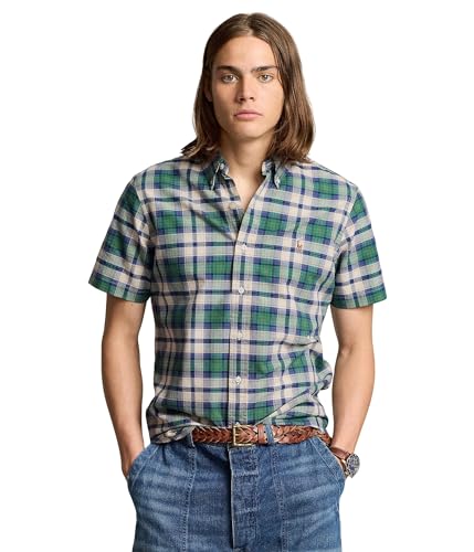 Image of POLO RALPH LAUREN Men's Classic Fit Plaid Oxford Shirt White Green Multi Medium