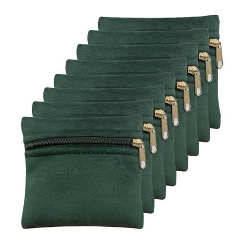 wanerxin 8pcs Small Velvet Jewelry Pouches with Zipper Gift Bags for Bracelet Necklace,Ring,Earrings,Earphone,Wedding Favors, Party Favors,Travel,3.94" X 3.94" (Green)