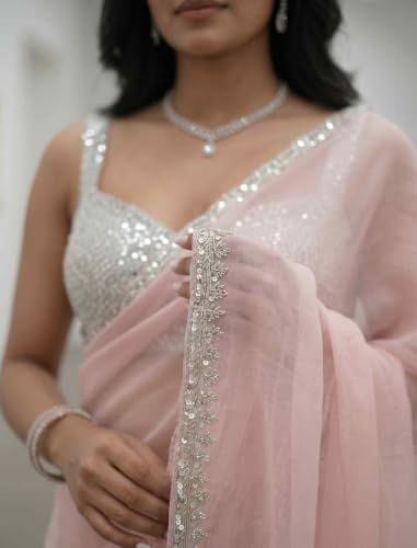 Image of FREE SPIRIT Women's Jimmi Choo Saree with Unstitched Blouse Piece Lace Border and Solid Pattern | Indian Saree for Women | Fancy Designer Sarees | Premium Saree for Womans