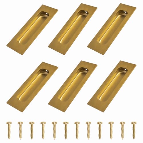 Image of MOROBOR 6pcs Square Brushed Gold Flush Handles Recessed Finger Pulls, 4.7 Inch Length Sliding Door Handles, Stainless Steel Cabinet Pulls for Wardrobe Drawer