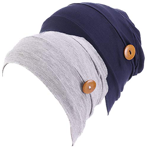 Qianmome 2-4 Pack Beanie with Button for Women Men Nurse,Working Hat,Chemo Caps for Cancer Patients, Gray&navy, M