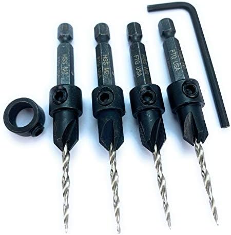 FTG USA Countersink Drill Bit Set 4 Pc Countersink Drill Bit Same Size Countersink 4 (7/64") Tapered Countersink Bit, 1 Depth Stop Collar, Hex Wrench (Allen Key) Woodworking Countersink Drill Bits