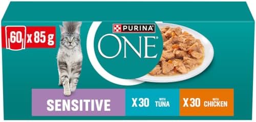 PURINA ONE Sensitive Sorten-Mix Thunfisch und Huhn, 60er Pack (60 x85 g) | Katzenfutter nass, für gesunde Verdauung, für empfindliche Katzen