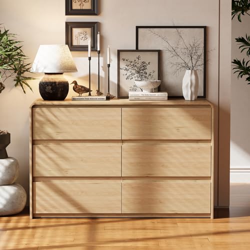 Image of Madaha 6 Drawer Dresser for Bedroom, Curved Edge Design Modern Dressers & Chest of Drawers, 47" Wide Nursery Dresser Natural Oak