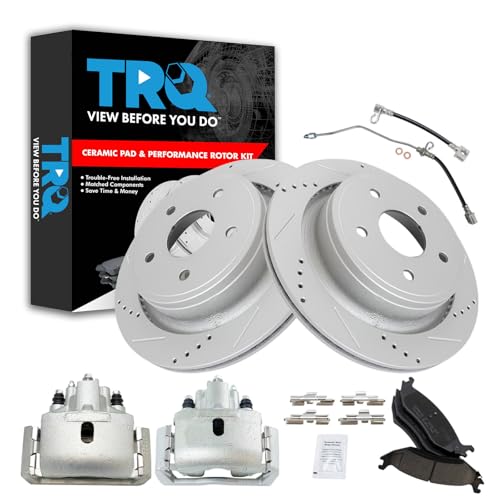 Image of TRQ Rear Brake Pad & Rotor Kit Slotted X Drilled Performance Ceramic Compatible with 2002-2004 Dodge Ram 1500