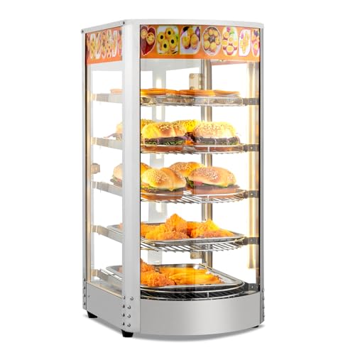 ROVSUN Food Warmer Display Pizza Warmer, Commercial Countertop Food Warmer Electric Pretzel Warmer with Removable Shelves LED Lighting Glass Door for Restaurant Buffet 800W (5 Tiers)