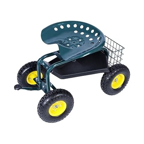 Endynino Rolling Garden Cart Wagon Scooter Lawn Yard Patio Work Seat Gardening Stool Cart with Tool Tray and Storage Basket, Adjustable 360° Swivel Seat Outdoors, Green Cover