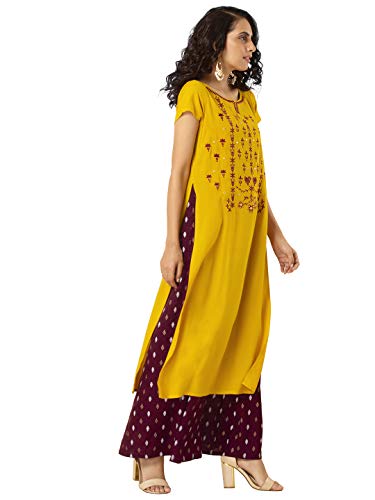 Image of Indya Yellow Maroon Embroidered Double Layered Tunic