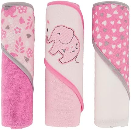 Cudlie Buttons & Stitches Baby Girl 3 Pack Rolled/Carded Hooded Towels in Blooming Elephant Print, GS71729
