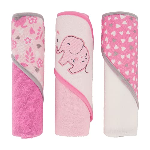 Image of Cudlie Buttons & Stitches Baby Girl 3 Pack Rolled/Carded Hooded Towels in Blooming Elephant Print, GS71729