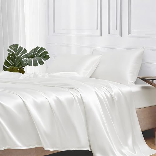 Image of MR&HM Satin Bed Sheets, Queen Size Sheets Set, 4 Pcs Silky Bedding Set with 15 Inches Deep Pocket for Mattress (Queen, Ivory)