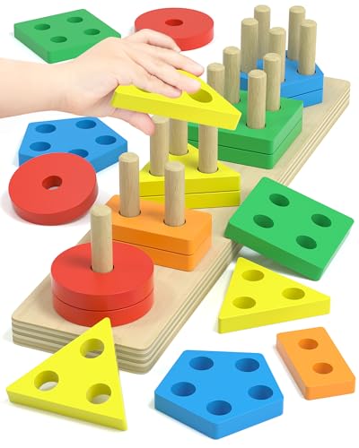 Image of kecristv Montessori Toys for 1 2 Year Old Girl and Boy Birthday Gifts, Shape Sorter Wooden Toys for Toddlers Age 1-3 2-4, Learning Educational Sensory Stacking Toddler Puzzles