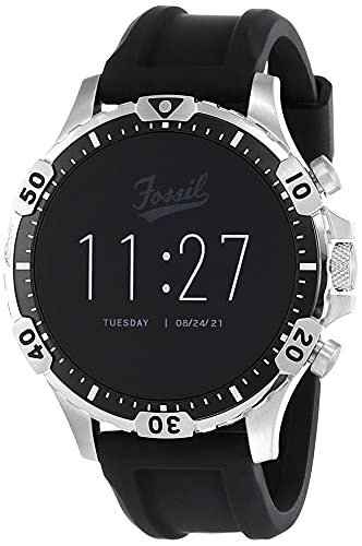 Fossil Unisex 46MM Gen 5 Garrett HR Heart Rate Stainless Steel and Silicone Touchscreen Smart Watch, Color: Silver, Black (Model: FTW4041)