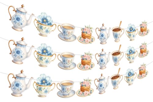 3Pcs Tea Party Banner Garland Blue Floral Tea Party Decorations Vintage Teapot Dessert Banner for Women Girls Baby Shower Birthday Bachelorette Party Bridal Shower Supplies