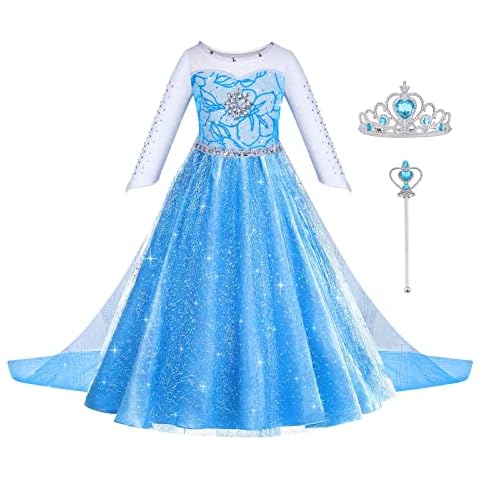 ACWOO Elsa Kostüm Mädchen, ELSA Kinder Prinzessin Kleid 6-teiliges Set mit Krone Diadem Handschuhe Zauberstab usw Cover
