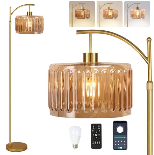 Image of QIYIZM Glass Floor Lamp for Living Room,Bedroom,Gold Dimmable Standing Lamp with Remote,Mid Century Modern Brass Tall Lamp Boho Vintage Retro Floor Lamps Arc Amber Flower Floor Light Lamp Bohemian