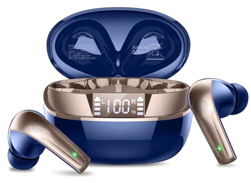 Auriculares Inalámbricos Bluetooth, Auriculares Bluetooth 5.4 con 4 HD Mic, HiFi Estéreo Cascos Inalambricos, Ajuste Cómodo Auricular, 47H/LED Reducción de Ruido Cascos, IP7 Impermeable, USB-C, Azul
