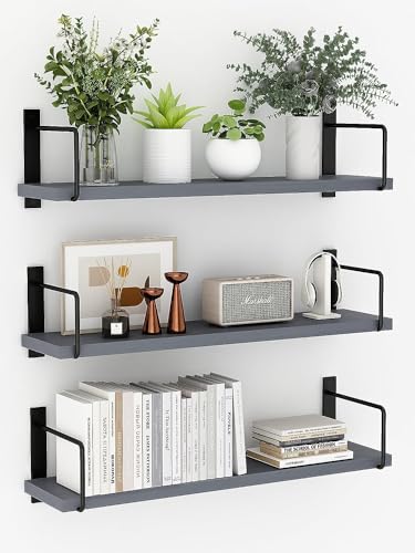 Image of Floating Shelves, 24 Inches Easy to Install Wall Mounted Shelves, Set of 3, Rustic Wood Shelves for Wall Decor, Storage Shelves for Living Room (Grey)