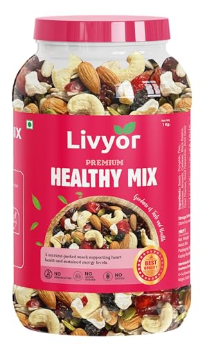 Image of LIVYOR Healthy Mix Nuts, Seeds And Berries Combo Pack - 1Kg| Mix Dry Fruits| Trail Mix| Cashews & Almonds| Black Raisins| Pumpkin| Sunflower & Flax| Cranberries| Cherries & Dried Amla| (Pack Of 1)