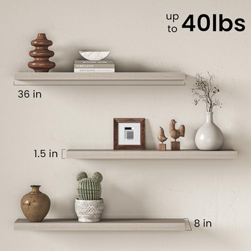 Image of Fun Memories 36Inch Floating Shelves for Wall, 8 Inch Deep Shelves for Bathroom|Bedroom|Kitchen, Large Wall Mounted Wood Hanging Shelf with Invisible Brackets for Home Storage Decor, Grey - 2 Pack