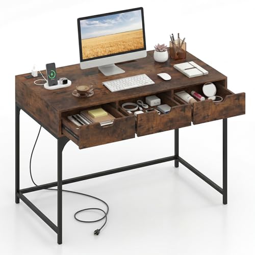 Tangkula Computer Desk with 3 Drawers & Power Outlets, Modern Writing Desk with Hidden Compartment, Heavy-Duty Metal Frame, Make Up Table, Home Office Workstation (Rustic Brown)