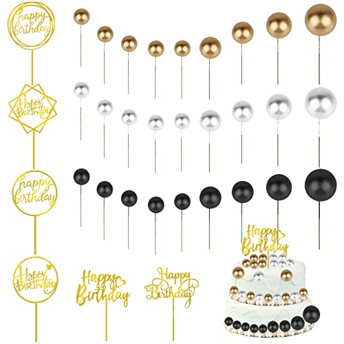 33 bolas de espuma para decoración de tartas, bolas de oro DaKuan para decoración de pasteles, pasteles, tarjetas de pastel, aniversarios, ceremonias de graduación, fiestas (negro, blanco, dorado) Cover