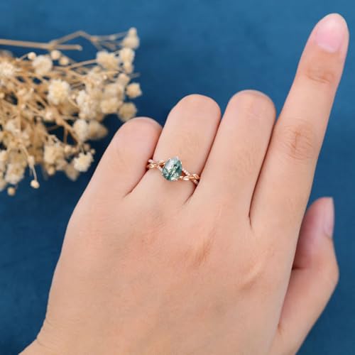 Blocaci Natural Moss Agate Rings for Women 1CT Center Pear Shaped Moss Agate Engagement Rings with Moissanite 925 Sterling Silver 10K 14K 18K Gold Green Moss Agate Ring2
