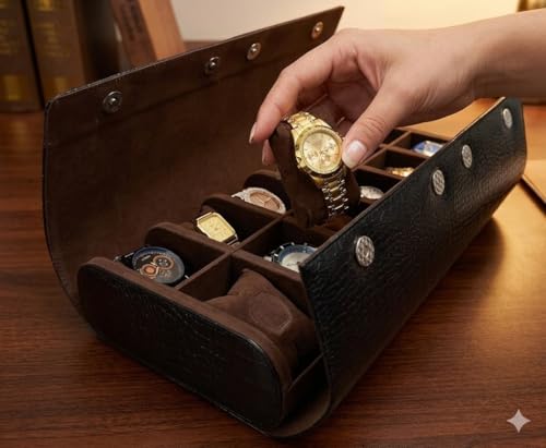 Image of essart 12-Slot Watch Roll Case - Luxury PU Leather Travel Watch Organizer for Men & Women | Portable Watch Storage Case | Scratch-Resistant & Protective