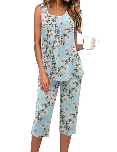 Image of Ekouaer Capri Pajama Sets for Women 2 Piece Soft Cute Pjs Round Neck Sleeveless Lounge Set for Summer Sleepwear S-XXXL